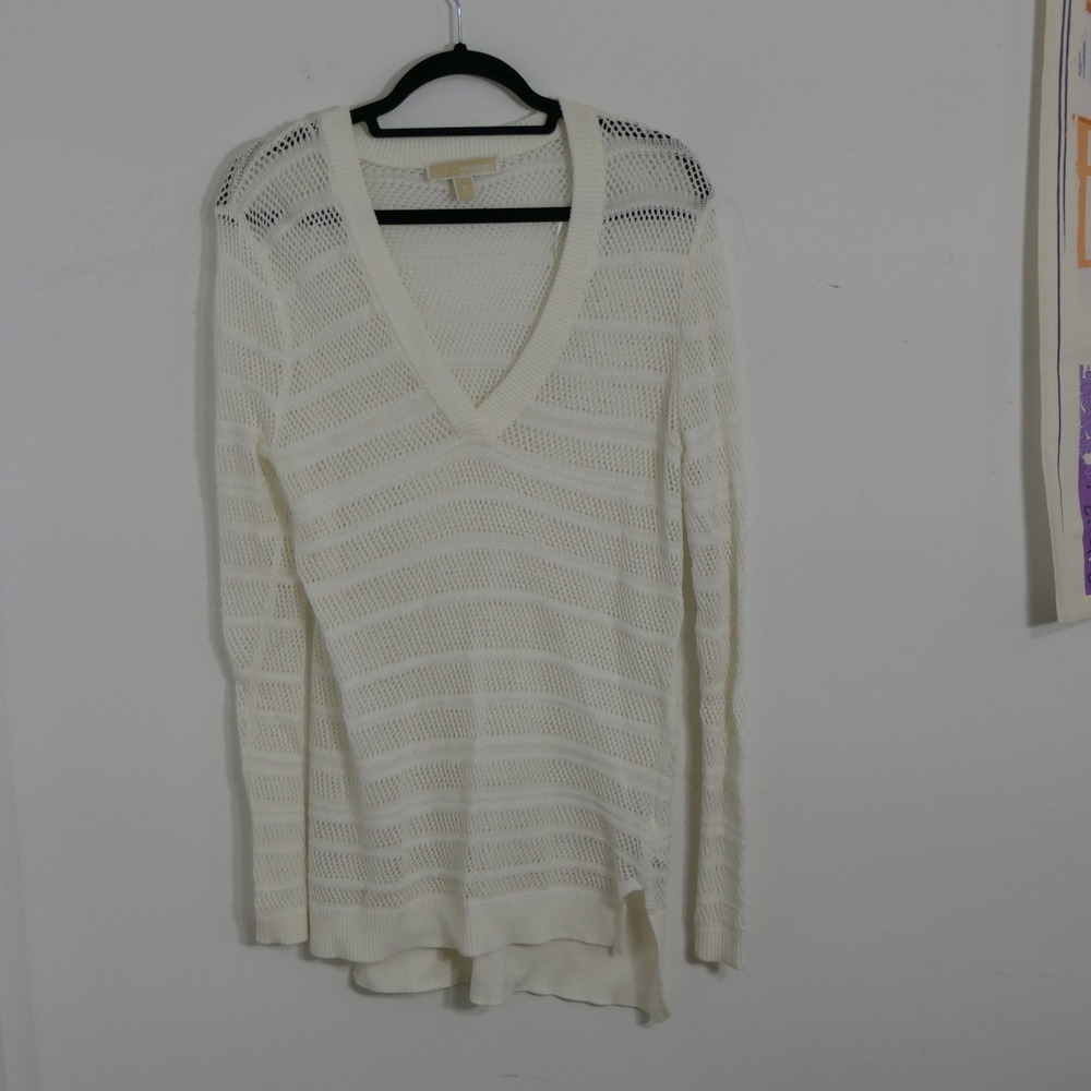 Michael Kors Women Sweater M White Open Knit Crochet Coastal Boho Festival Airy